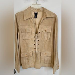 INC tan pullover leather shirt with wooden buttons